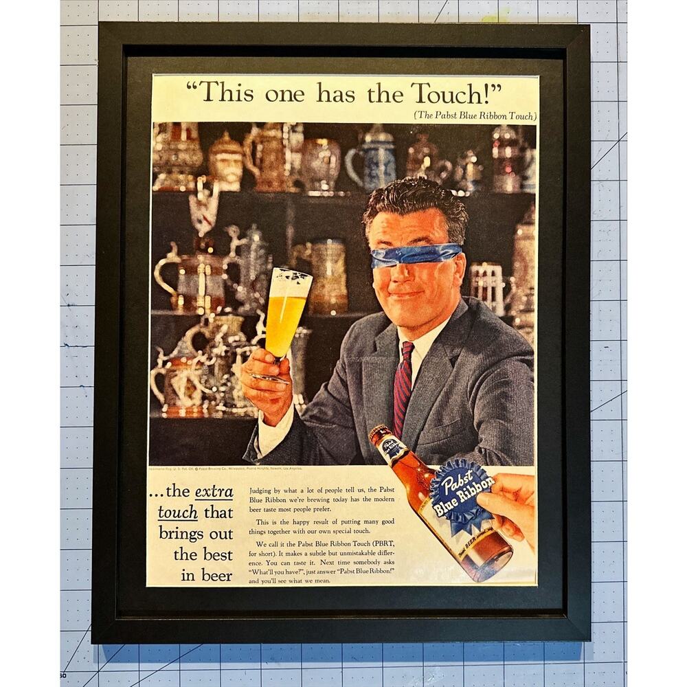 Framed 1956 Pabst Blue Ribbon Beer Blindfold Taste Test Vintage Print Ad